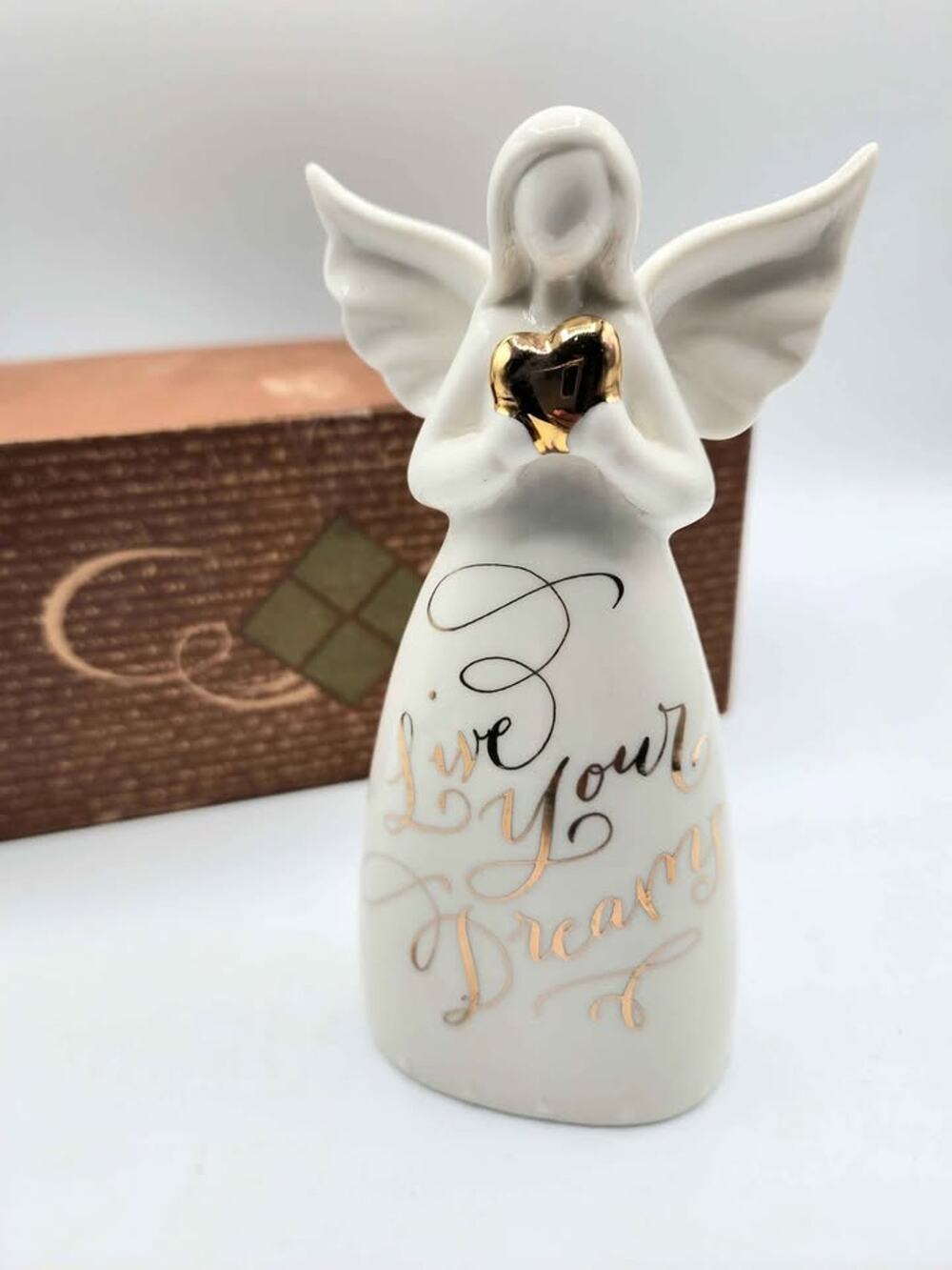 Ceramic Live Your Dreams Angel Bell Holding Heart Figurine